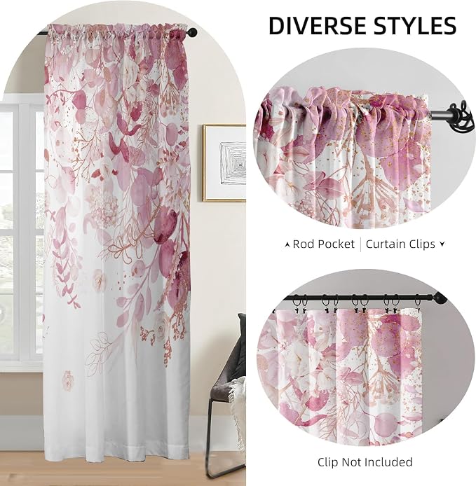 Pink Floral Leaf Sheer Curtains for Girls Bedroom, Botanical Farmhouse Light Filtering Privacy Semi-Sheer Cute Light Pink Curtains for Kids Nursery 84 Inches Long 2 Panels,Rod Pocket,Each 52 Inch Wide