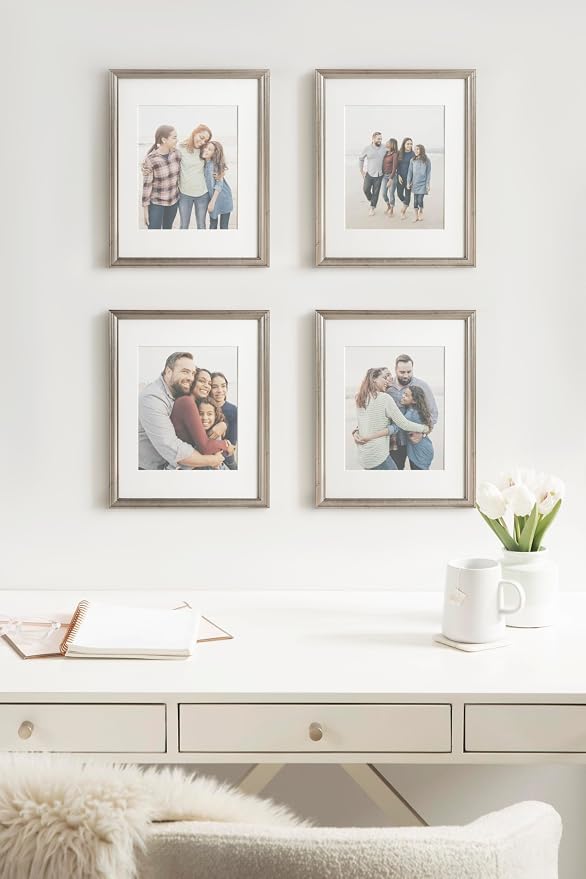 Kate and Laurel Adlynn Rectangle Picture Frame Set of 4; 11 x 14 matted to 8 x 10; Silver; Glam Four-Piece Frame Set for Gallery Wall Frame Set in Living Room Wall Decor