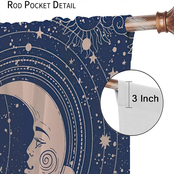 Sun Moon Blackout Windows Curtains, Boho Celestial Bodies Gold Sun Moon and Stars Pattern Window Drapes, for Living Room Bedroom 72x63in 2 Panels
