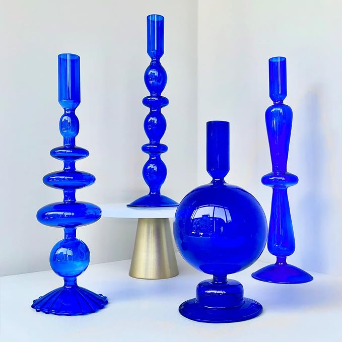 Candle Stick Candle Holder, Glass Candle Holders for Table Centerpiece, Modern Style Klein Blue Candle Holder Mixed 4pcs