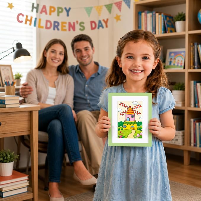 KINLINK 8.5x11 Kids Art Frame 2 Pack, Solid Wood Artwork Frames Changeable, Front Opening Hold 150 Pictures, Art Frames for Kids Artwork, 6x9 with Mat 8.5x11 without Mat, Picture Frames Light Green