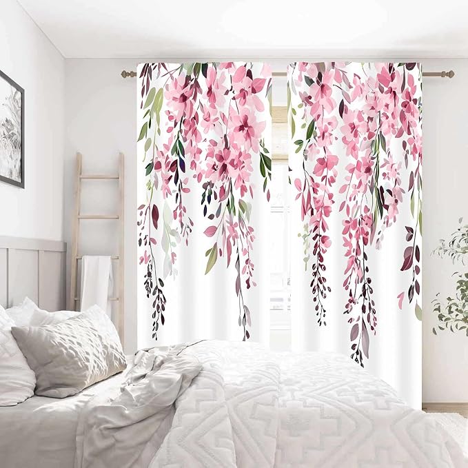 Pink Watercolor Floral Curtains, Botanical Leaves Vine Flowers Curtain, Rustic Farmhouse Flower Leaf Blackout Window Treatment Drapes for Bedroom Living Room 52x90 inch, 2 Panels