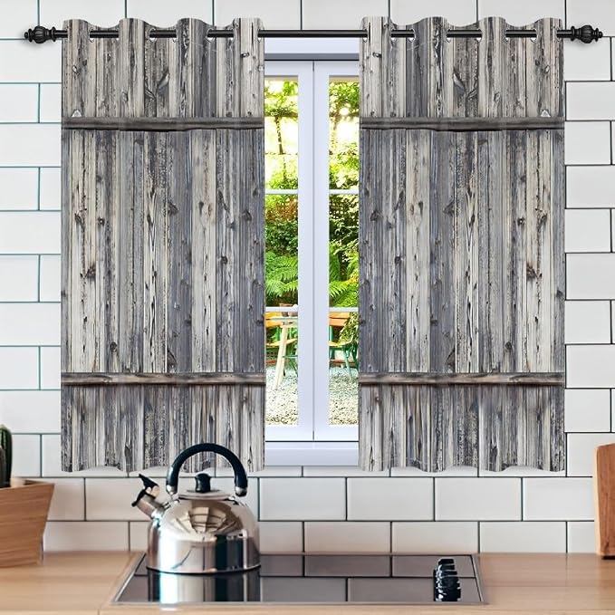 Wooden Barn Doors Kitchen Curtains,Wood Planks Rustic Farm Farmhouse Window Curtains Country Retro Western Vintage Grey Window Curtain Treatments Bedroom Living Room Decor,21x45 inch,2 Panels