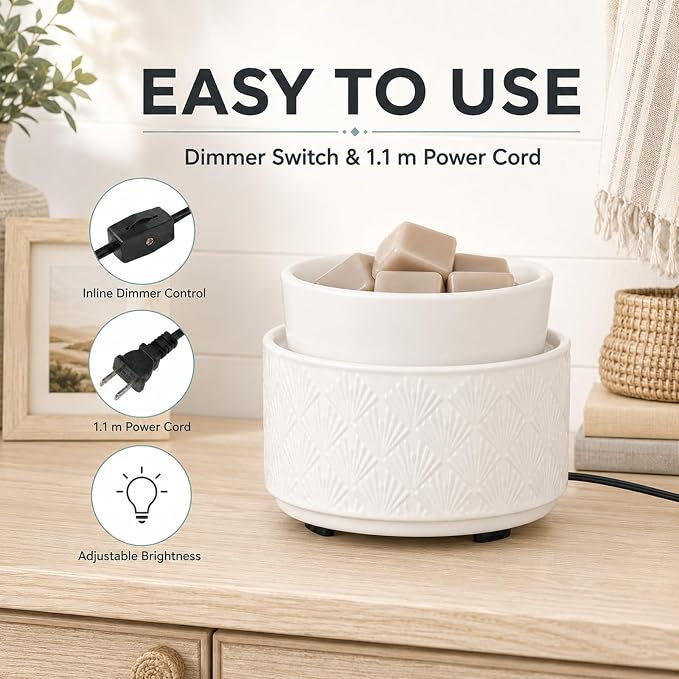mocosa Ceramic Wax Warmer Wax Melt Warmer for Scented Wax 3-1 Electric Candle Warmer Home Fragrance Wax Burner for Mom Women(White-Fan Shaped)