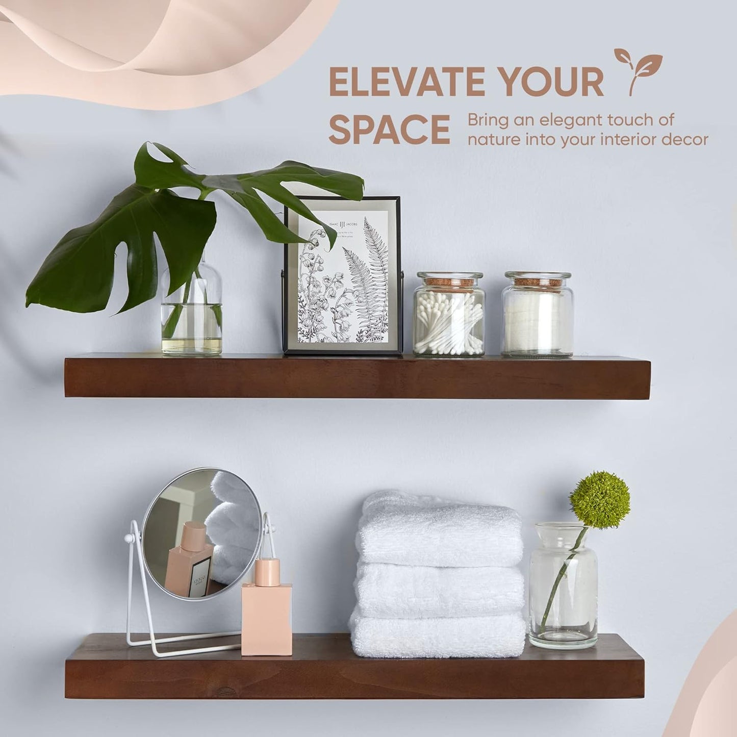 Homeforia 24inch Walnut Floating Shelves for Wall, High End Solid Real Wood 24in Floating Shelf for Bathroom, Dark Brown 24 inch Long Floating Shelves, Heavy Duty Bracket, 24 X 6.5 X 1.75 in, Set of 2