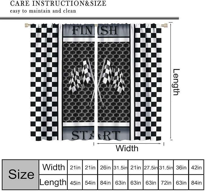 Race Car Flag Curtain,Boy Kid Black White Checkered 11D Grey Honeycomb Modern Geometric Window Curtains Cafe Dining Room Office Living Room Kitchen Bedroom Drapes, 52x84 in