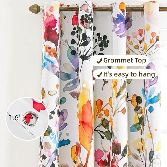 Boho Watercolor Floral Blackout Curtains 84 inches long Bohemian Flower Colorful Leaf Print Pattern Drapes Decor Home Bedroom Living Room Darkening Grommet Window Treatments 2 Panels Set,42x84 Inch