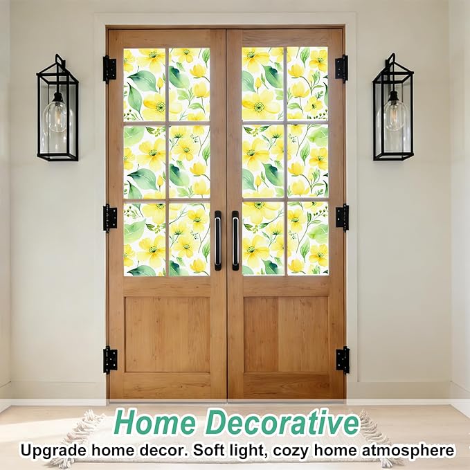 SOMWISE Frosted Glass Window Privacy Film with Tools, Heat Blocking, Anti-UV, Anti-Glare, Static Cling, Decor for Home Bathroom Door, Renter Friendly, Removable, Reusable, Yellow 17.5Inchx157Inch