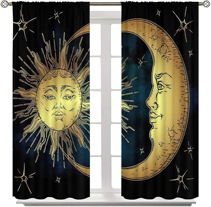 Sun Moon Blackout Windows Curtains, Boho Chic Art Golden Sun Moon and Stars Over Blue Black Sky Antique Style Curtains, for Living Room Bedroom 52x84in 2 Panels