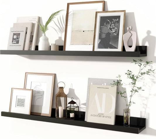 Fun Memories Picture Ledge Shelves Set of 2, 32 Inch Rustic Wall Mounted Floating Shelves with Lip for Home Storage and Décor in Bathroom, Kitchen, Nursery, Bedroom, Living Room, Black