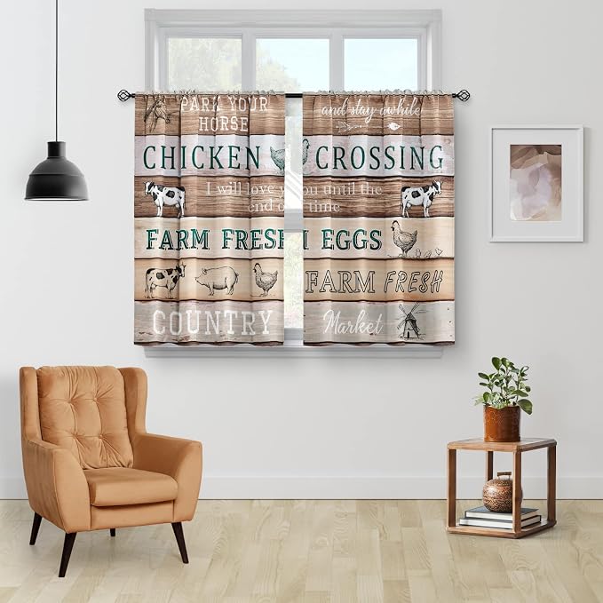 Aimego Farmhouse Country Rustic Kitchen Curtains - Retro Farm Wooden Rooster Vintage Style Animal Short Cafe Tier Curtains Decor for Dining Room Rod Pocket Window Drapes 45 Inch Length 2 Panels Set