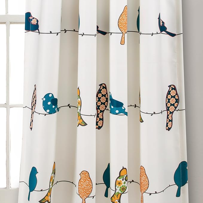 Lush Decor Rowley Birds Light Filtering Window Curtain Panels, Pair, 52" W x 95" L, Multi - Colorful Floral Print - Whimsical & Playful Bird Curtains For Bedroom, Living Room, Or Dining Room