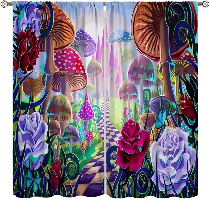 Fantasy Mushroom Curtains,Fairytale Forest Plant Castle Print Window Treatments for Bedroom Living Room Kitchen Colorful Cartoon Floral Window Drapes 2 Panels Set,Total Size42 x 54 Inch