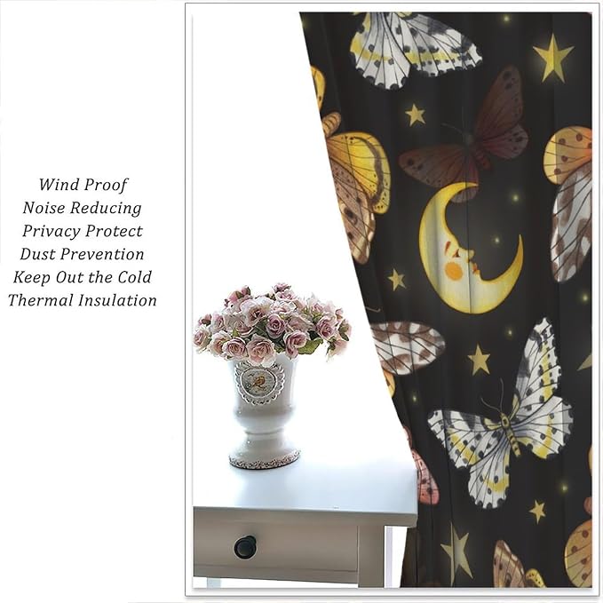 Sun Moon Blackout Window Curtains, Watercolor Butterflies Starry Moths Art Pattern Print Window Drapes, for Living Room Bedroom 84x84in 2 Panels