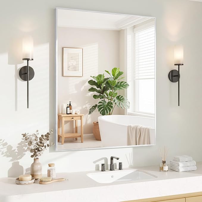 Koonmi Silver Rectangle Wall Mirror, 30x36 Inch Bathroom Mirror, Aluminum Frame Vanity Mirror for Entryway, Living Room, Bedroom Bathroom, Hangs Horizontally or Vertically