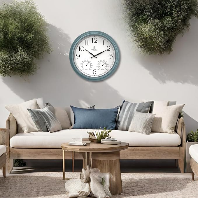 18 inch Outdoor Clocks for Patio Large Waterproof with Thermometer - Teal Blue Outdoor Clock with Temperature and Humidity for Wall - Weatherproof, Accurate & Easy to Read for Pool, Patio & Garden