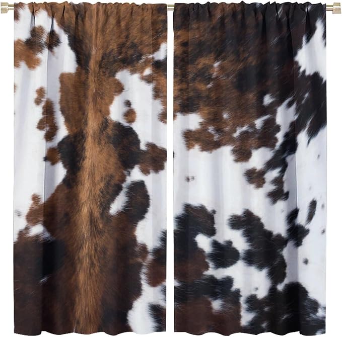 Cow Print Blackout Curtain,Brown White Cowhide Animal Fur Western Rustic Farmhouse Style Window Treatments Rod Pocket Curtain for Bedroom Living Room Kitchen Decor Drapes 42x45in