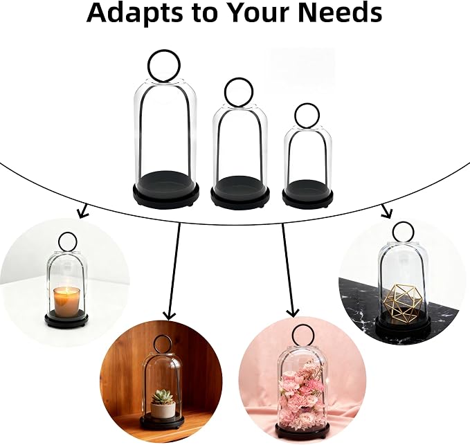 3 Pack Metal Candle Holders with Glass Dome, 5.5" & 4.7" & 3.9" Wide Black Candlestick Holders Set, Versatile Hurricane Lanterns Candleholders for Pillar Candle, Decorative Glass Display Dome Stands
