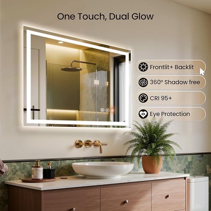 40X30 LED Bathroom Mirror with Lights, Anti-Fog, Backlit + Front Lit, Lighted Bathroom Vanity Mirror for Wall, Memory Function, Dimmable, Tempered Glass, Shatter-Proof