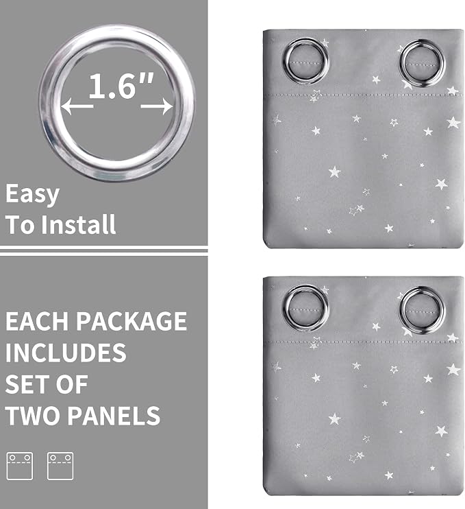 BGment Light Grey Star Blackout Curtains for Kid's Bedroom - Grommet Thermal Insulated Room Darkening Printed Curtains for Living Room, Set of 2 Panels (52 x 95 Inch, Light Grey)