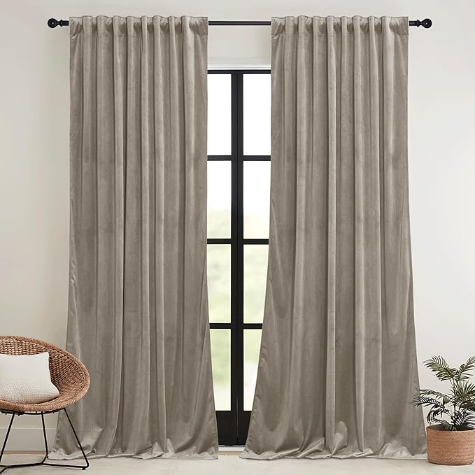RYB HOME Taupe Velvet Curtains 102 inches with Hook Belt, Soft Fabric Room Darkening Thermal Insulated Luxurious Home Decor Curtains for Living Room Bedroom, W 52" x L 102", 2 Panels Set