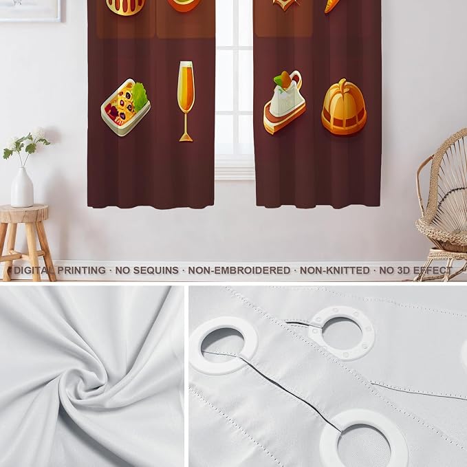 Shrahala Happy Thanksgiving Day Thermal Insulated Blackout Window Curtains, Pumpkin Turkey Bird Leaves Long Drapes for Bedroom/Living Room with Plastic Grommet, 52X63 Set of 2