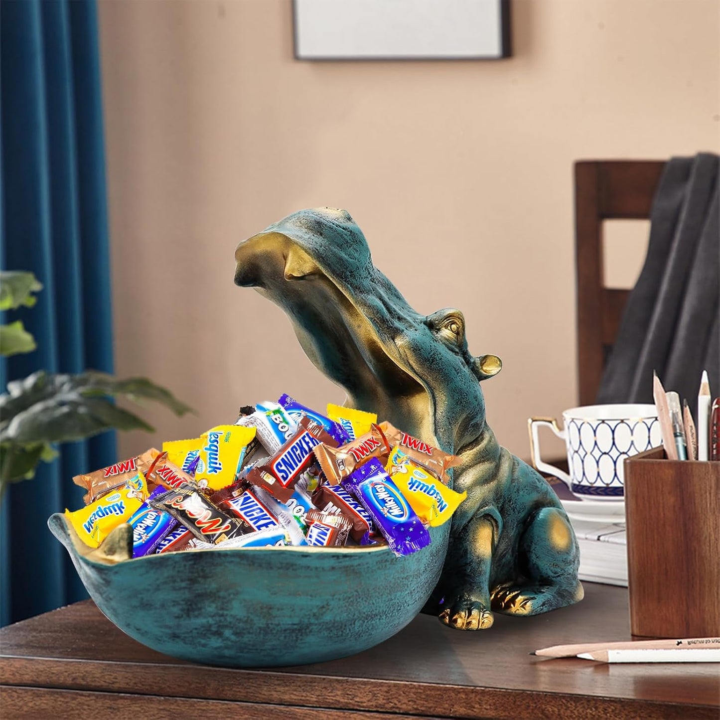 aboxoo Hippo Statue,Large Hippopotamus Figurine Home Sculpture with Resin, Hippo Candy Jar, Candy Dish Bowl for Office Desk, Key Bowl for Entryway Table,Container Storage Art Decor Box(Dark Blue)