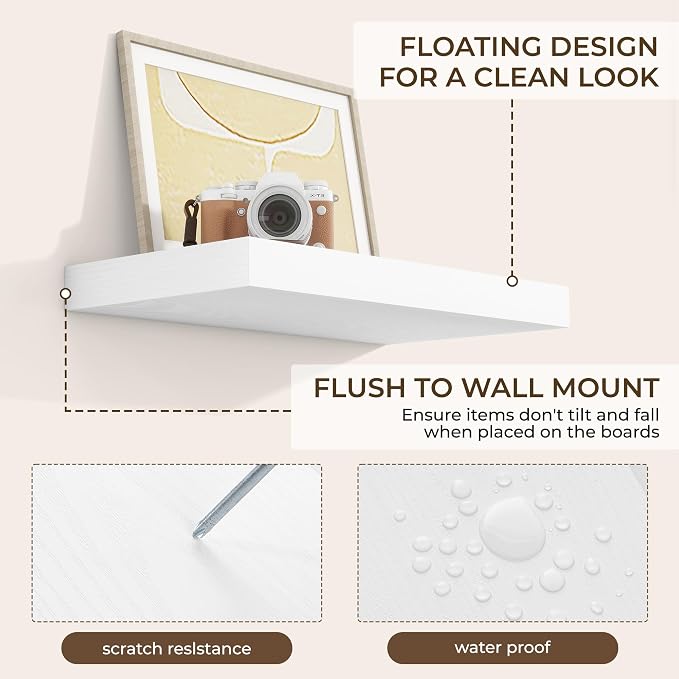 RICHFOCUS 16Inch Floating Shelves for Wall 2 Pack Shelves for Bedroom|Kitchen|Bathroom Wall Mounted Rustic Wood Floating Shelf with Invisible Brackets for Books|Storage|Decor, White