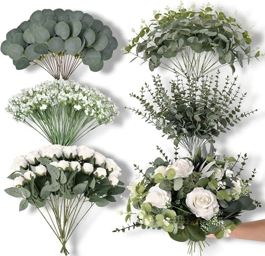 110 Pcs Artificial Eucalyptus Stems and Faux Flowers, 5 Kinds Greenery Stems Bulk, Fake Silver Dollar Eucalyptus Leaves Artificial White Roses for Wedding Decor Vase Centerpieces DIY Bouquet