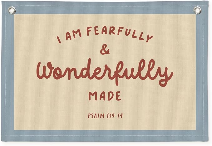 Kids Room Decor - Bible Verse Wall Hanging, 'I am Fearfully and Wonderfully Made' Linen Banner, Canvas Decoration for Classroom, Nursery - Blue