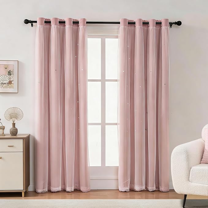 Cute Star Blackout Curtains for Girls Bedroom, Princess Curtains, W52X L63 | 1 Panel Blush Pink Thick Grommet Top Star Cutout Curtains, Double Layer Nursery Kids Curtains, Aesthetic Living Room Decor