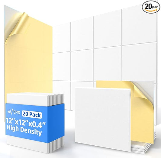 20 Pack Acoustic Panels with Self Adhesive, 12" X 12" X 0.4" High Density Sound Proof Foam Panels for Walls, Soundproof Wall Panels, Square Sound Absorbing Panels for Home Studio Office Decor - White