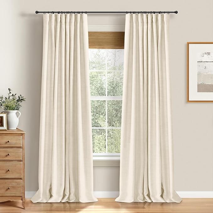100% Blackout Shield Full Blackout Curtains for Bedroom 72 inch Length 2 Panels Set, Clip Rings/Rod Pocket Faux Linen Black Out Curtains for Living Room, Thermal Insulated, 50Wx72L, Cream