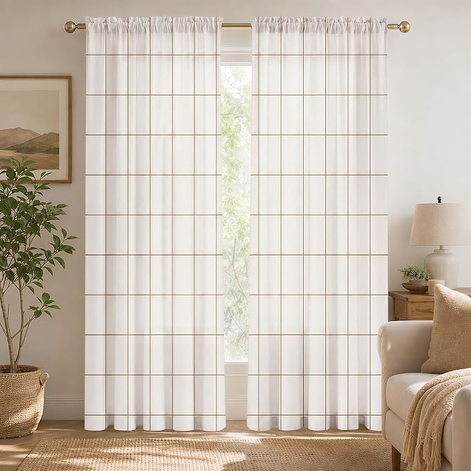 Plaid Curtains 84 inches Long for Bedroom,Farmhouse Gingham Curtains 84 Inches Long for Living Room,Beige Taupe Rustic Gingham Checkered Rod Pocket Light Filtering Stripes Privacy Drapes 2 Panels