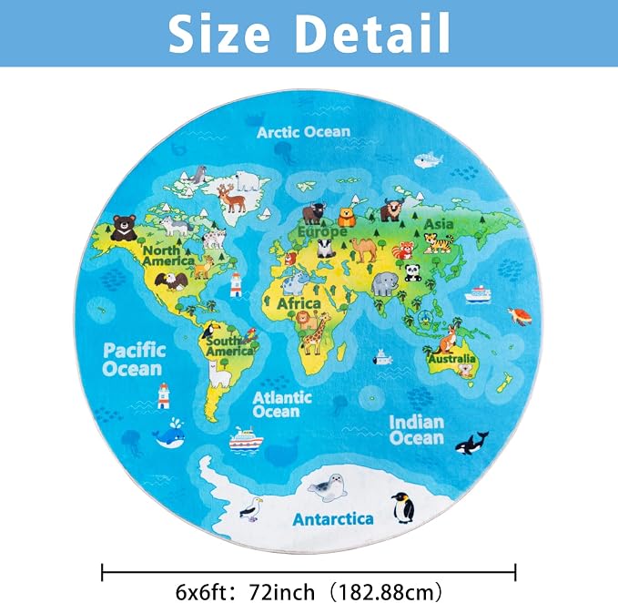Kids Playroom Rug, 6x6ft Round World Map Rugs with Cute Animals, Washable Durable Soft Carpet Kid Educational Rugs for Boys Girls Bedroom Nursery Classroom