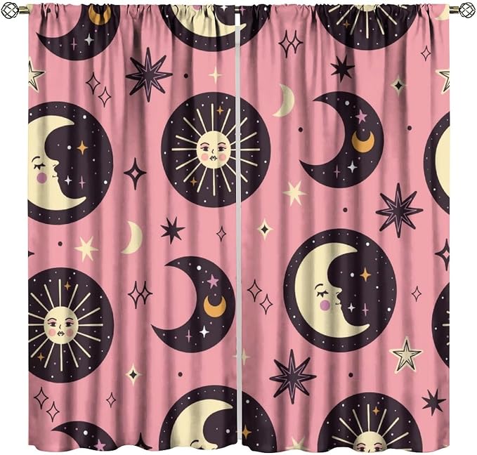 Sun Moon Stars Blackout Curtains, Abstract Magical Art Pattern Printed Window Drapes, for Bedroom Living Room 42" W X 45" L