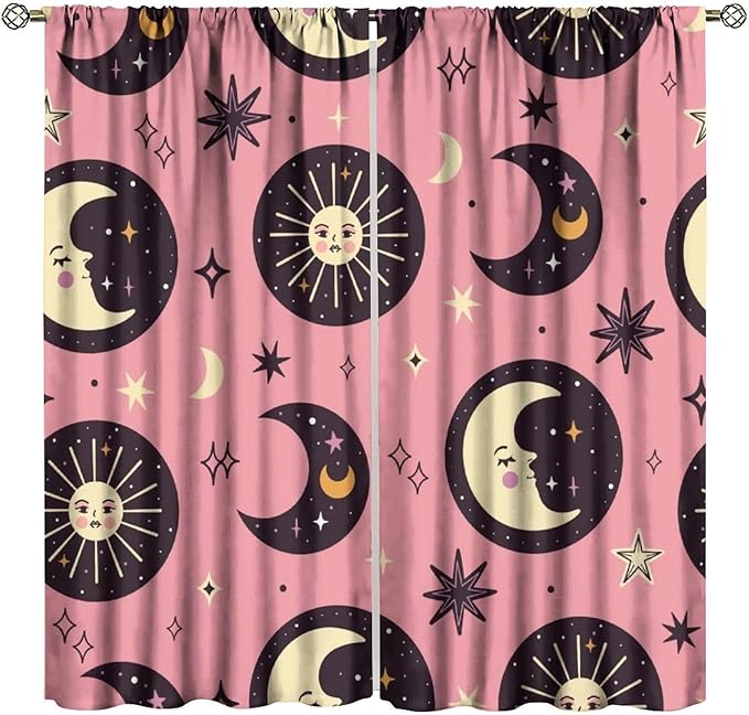 Sun Moon Stars Blackout Curtains, Abstract Magical Art Pattern Printed Window Drapes, for Bedroom Living Room 42" W X 54" L