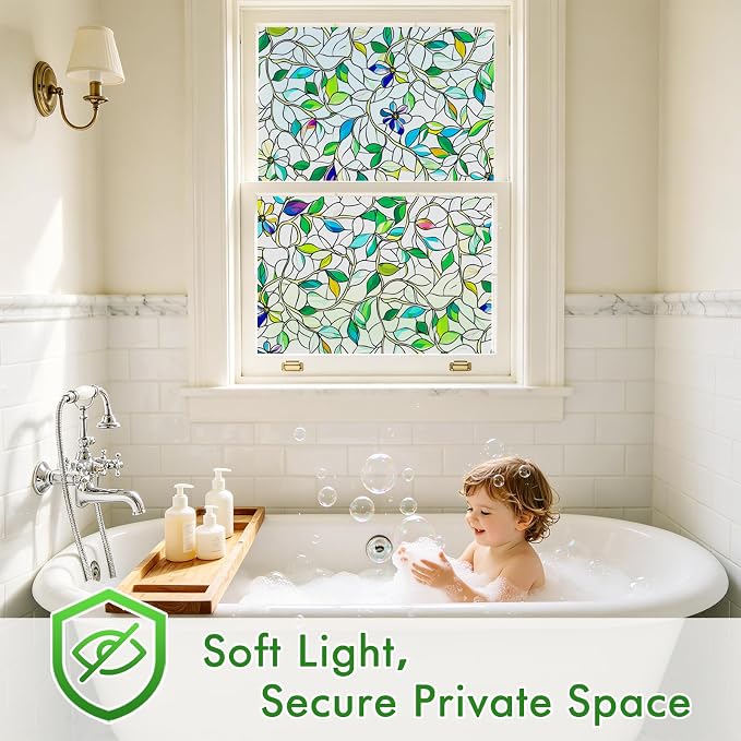 SOMWISE Frosted Glass Window Privacy Film with Tools, Heat Blocking, Anti-UV, Anti-Glare, Static Cling, Decor for Home Bathroom Door, Renter Friendly, Removable, Reusable, Green 17.5Inchx78.5Inch