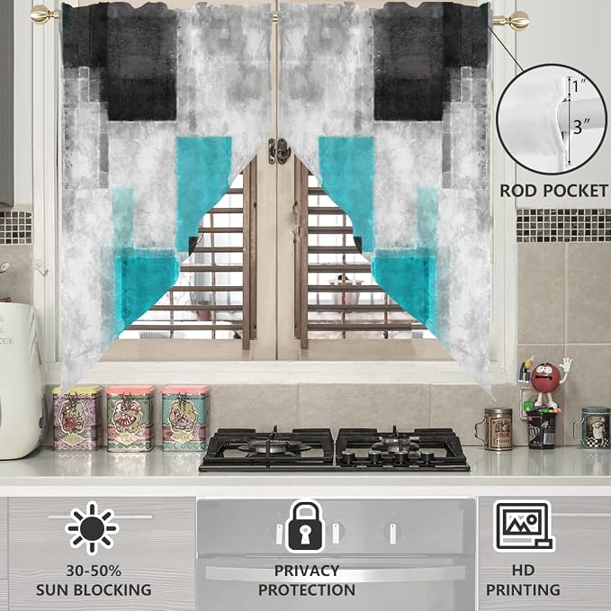 AAtter Teal Kitchen Valance Curtain for Window Black Gray Grey Modern Turquoise Abstract Small Short Swag Topper Bathroom Living Room Bedroom Rod Pocket Drapes Fabric 1 Pair, 28" W x 36" L, Geometric