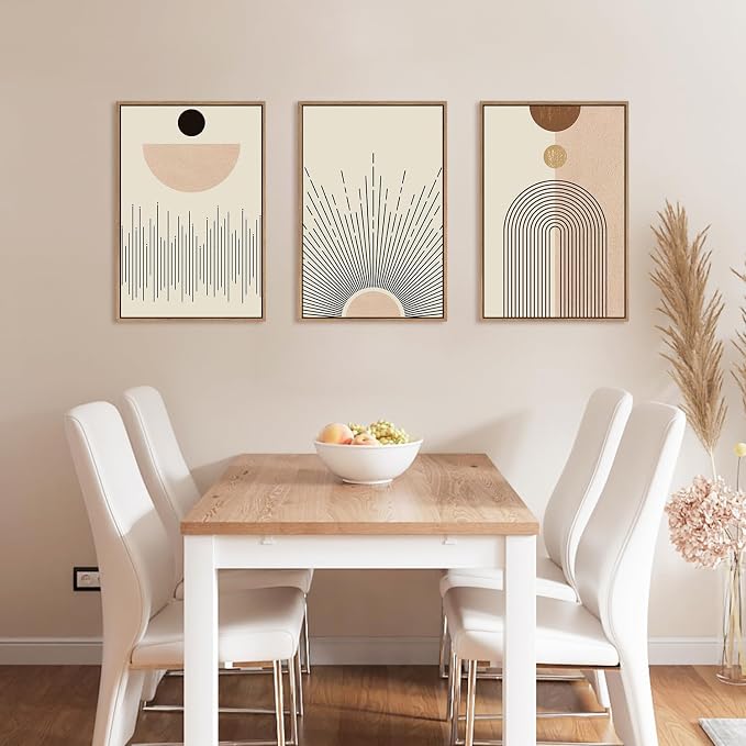 LHIUEM Large Abstract Boho Line Framed Canvas Wall Art Set,Modern Geometric Sun Wall Decor,Mid-Century Neutral Artwork for Living Room,Bedroom,Dining Room,Office -16"x24"x3