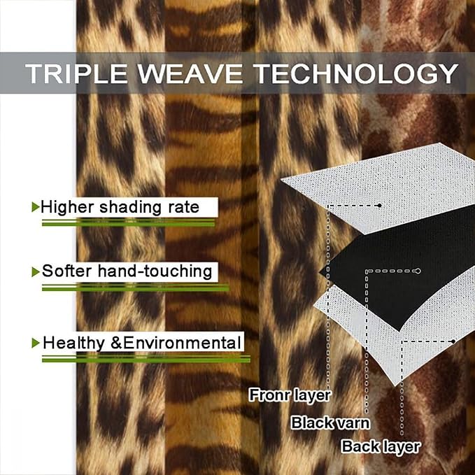 Leopard Print Blackout Curtain, Retro Wild Animal Skin Farmhouse Fur Leopard Print Drapes, Window Treatments Rod Pocket 2 Panels Curtains for Dining Room Office Living Room Deocr 55"W X 63"L
