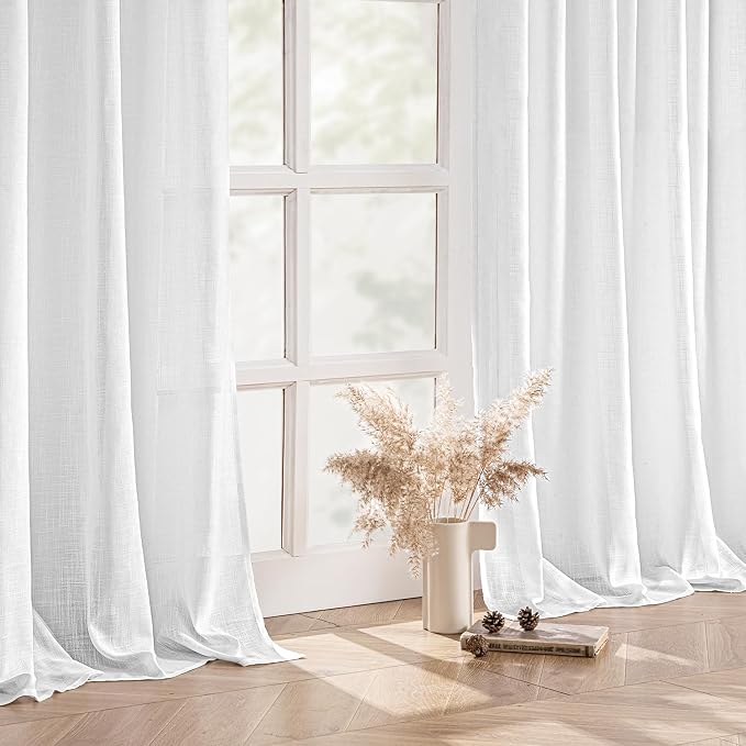 MIULEE White Linen Curtains 84 Inches Long 2 Panels for Bedroom Living Room, Soft Linen Textured Back Tab Window Drapes Semi Sheer Light Filtering Rod Pocket Modern Farmhouse Decor 37x84 Inch