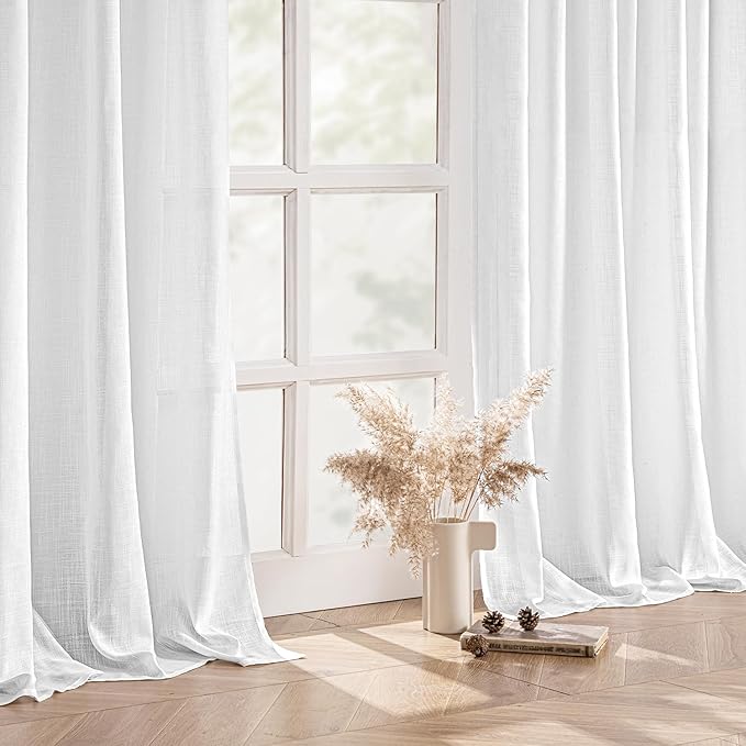 MIULEE White Linen Curtains Short 54 Inch Long 2 Panels for Kitchen Bedroom, Soft Thick Linen Textured Window Drapes Semi Sheer Light Filtering Back Tab Rod Pocket Burlap Look Decor