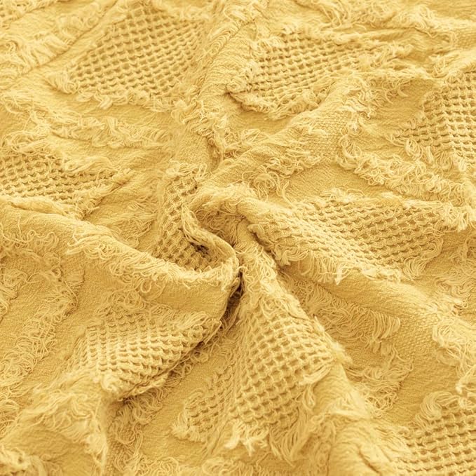 Simple&Opulence 100% Cotton Throw Blanket for Bed, Couch, Boho Textured Geometric Knit Woven Blanket with Tassels Soft, Lightweight Breathable Shabby Chic Farmhouse Decoration for All-Season(Yellow)
