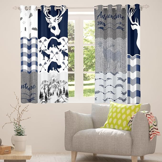 Camping Curtains for Kids, Deer Bear Blackout Window Drapes, Rustic Buffalo Plaid Patchwork for Teens Adult Bedroom, Lodge Woodland Wildlife 2 Panels, Grey Blue 52"Wx63"L