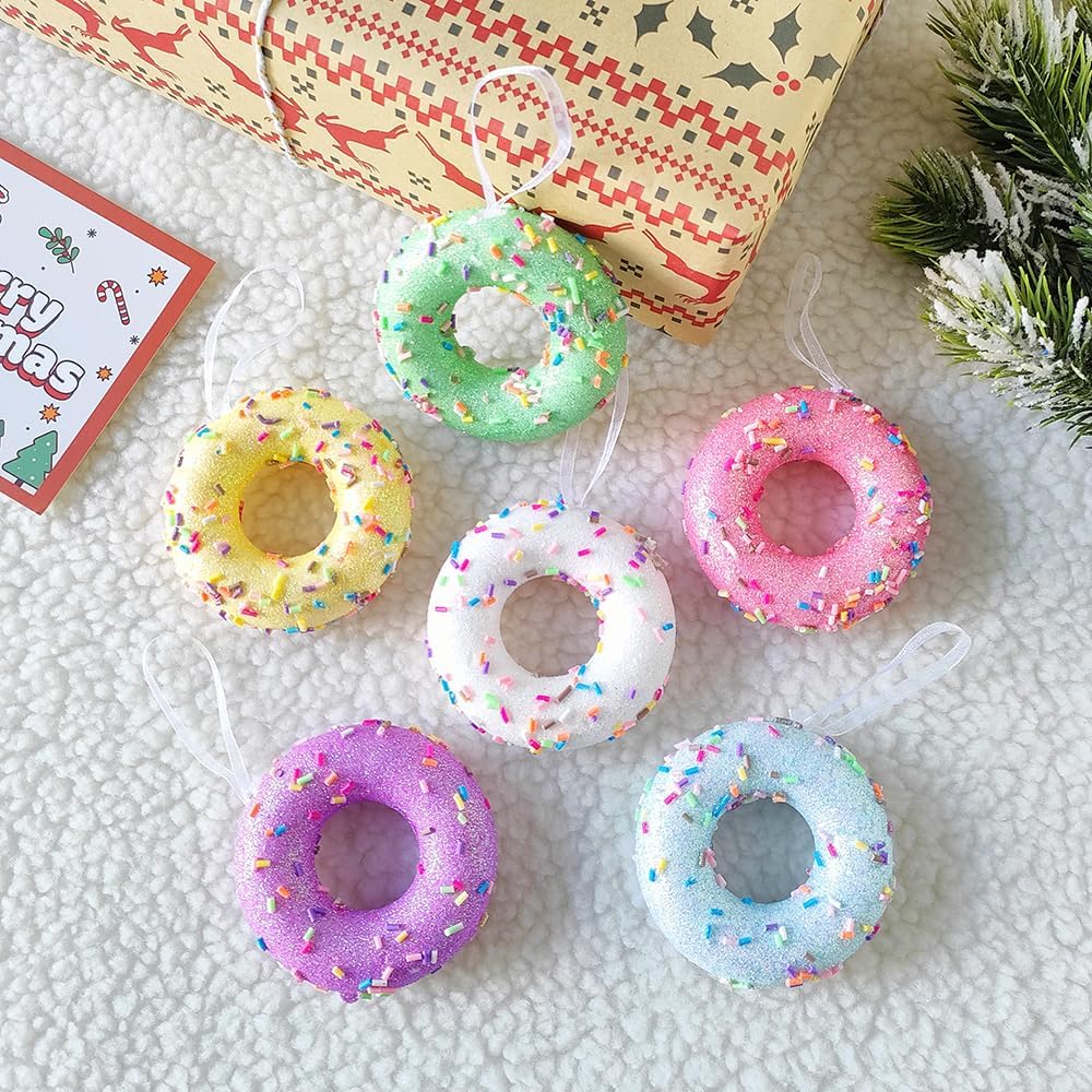 Donut ChristmasParty Decorations Ornaments, 6Pcs Hanging Christmas Tree Candy Ornament, Macaron Color Mini Dessert Donut Pendant Set for Xmas New Year Easter Birthday Home Party Supplies (Doughnut)