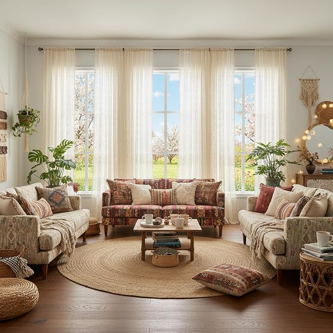 WAZZIO Boho Lace Curtains 2 Panels 102 Inches -Cute Vintage Victorian Sheer Panel Drape French Country Floral Pattern & Tassel Light Filtering Privacy for Bedroom Dining Living Room,Beige,W52x L102