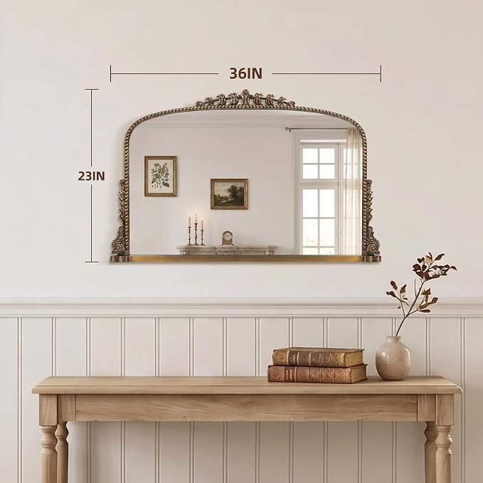 Vintage Baroque Arched Mirror - Traditional Ornate Antique Brass Wood Frame - 36"X23" - Ideal for Entryway, Fireplace, Living Room, Hallway, Bathroom
