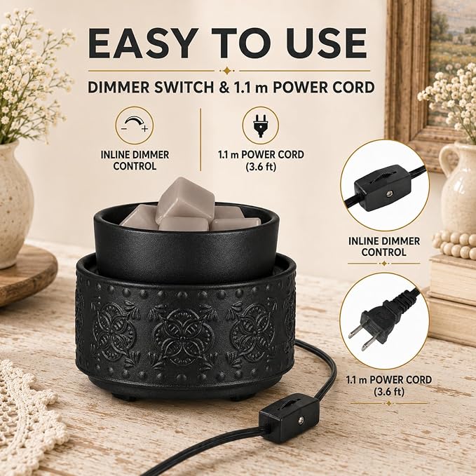 Mocosa Ceramic Wax Warmer Wax Melt Warmer for Scented Wax 3-1 Electric Candle Warmer Home Fragrance Wax Burner Perfect Christmas Gifts for Mom Women(Black-Granular)