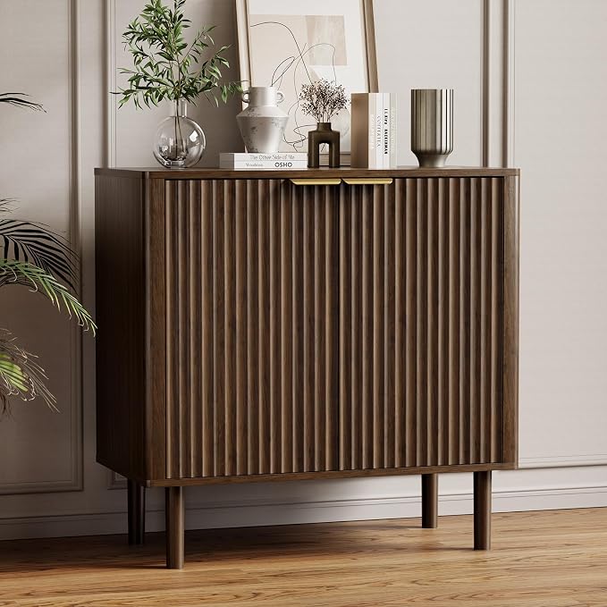 IKALIFE Sideboard Buffet Cabinet with Storage, Modern Fluted Accent Credenza with Doors & Adjustable Shelves, Wood Coffee Bar Console Table for Living Room, Dining Room, Kitchen, Entryway 31.5"Walnut
